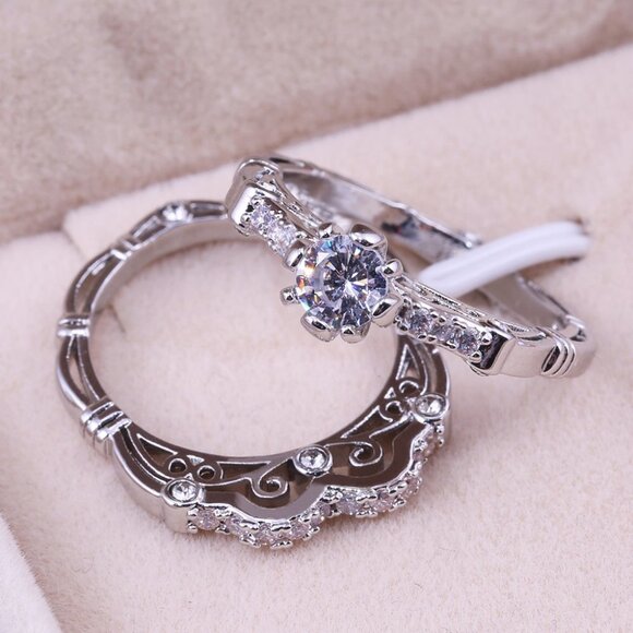 💎 Luxury Flower Carved Wedding/Engagement Silver Ring Set for Women VIP528